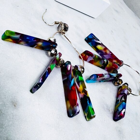 Retro Colorful Acrylic 3" Dangle Hoop Earrings Bars Beads Boho Gypsy Vtg style - Picture 3 of 7